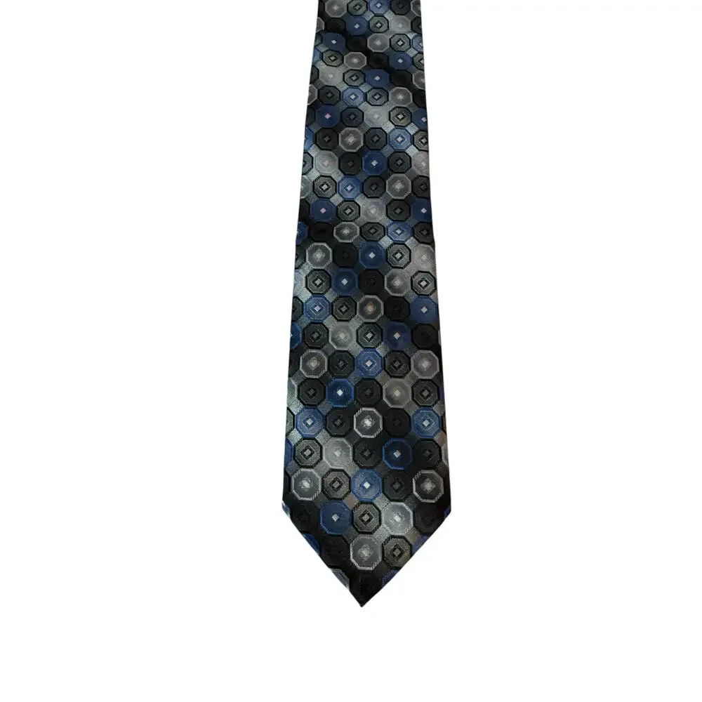VTG Croft & Barrow‎ Blue Black Silver Geometric Silk Necktie Hexagon Pattern Tie